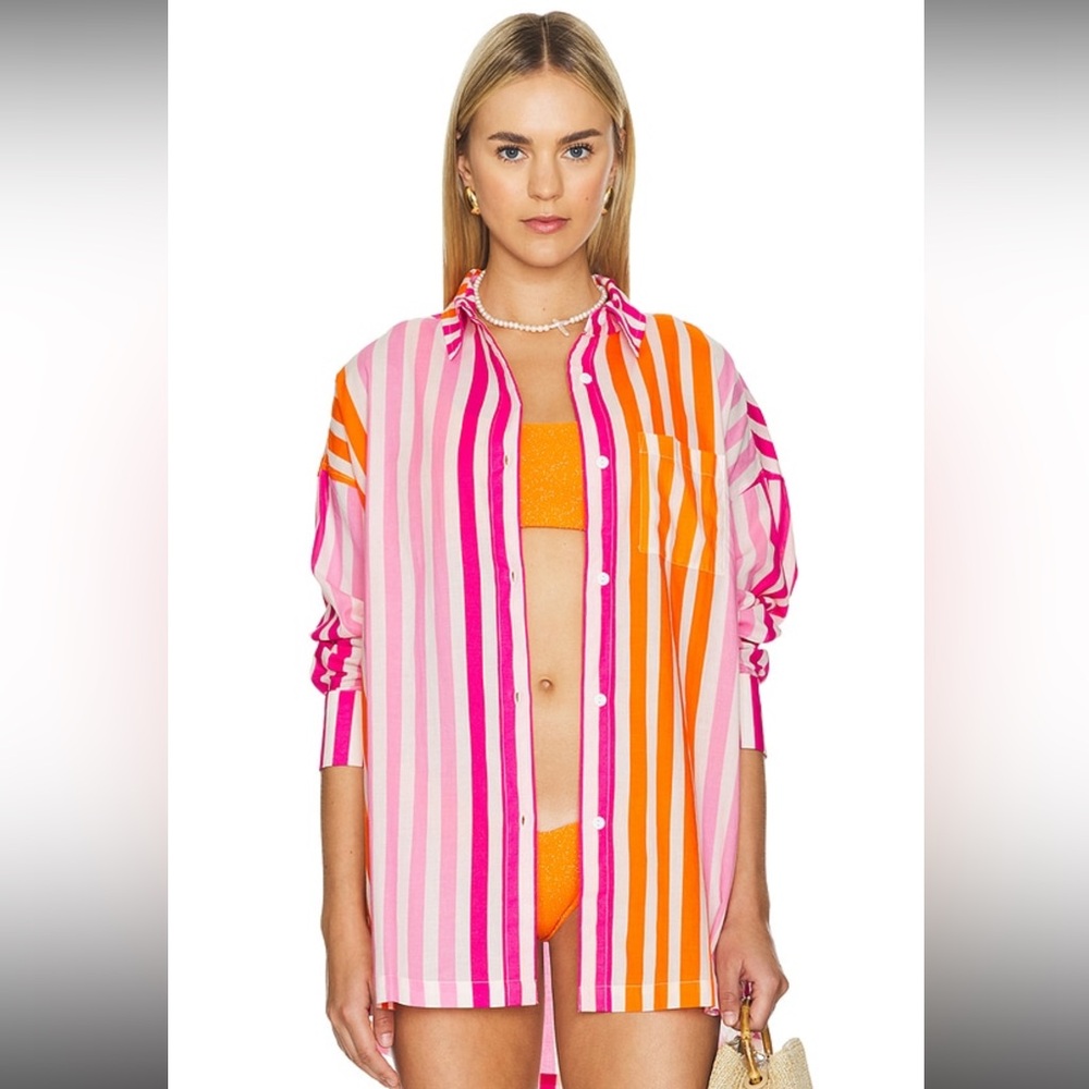 Beach Riot Pink and Orange Striped Button Down Shirt